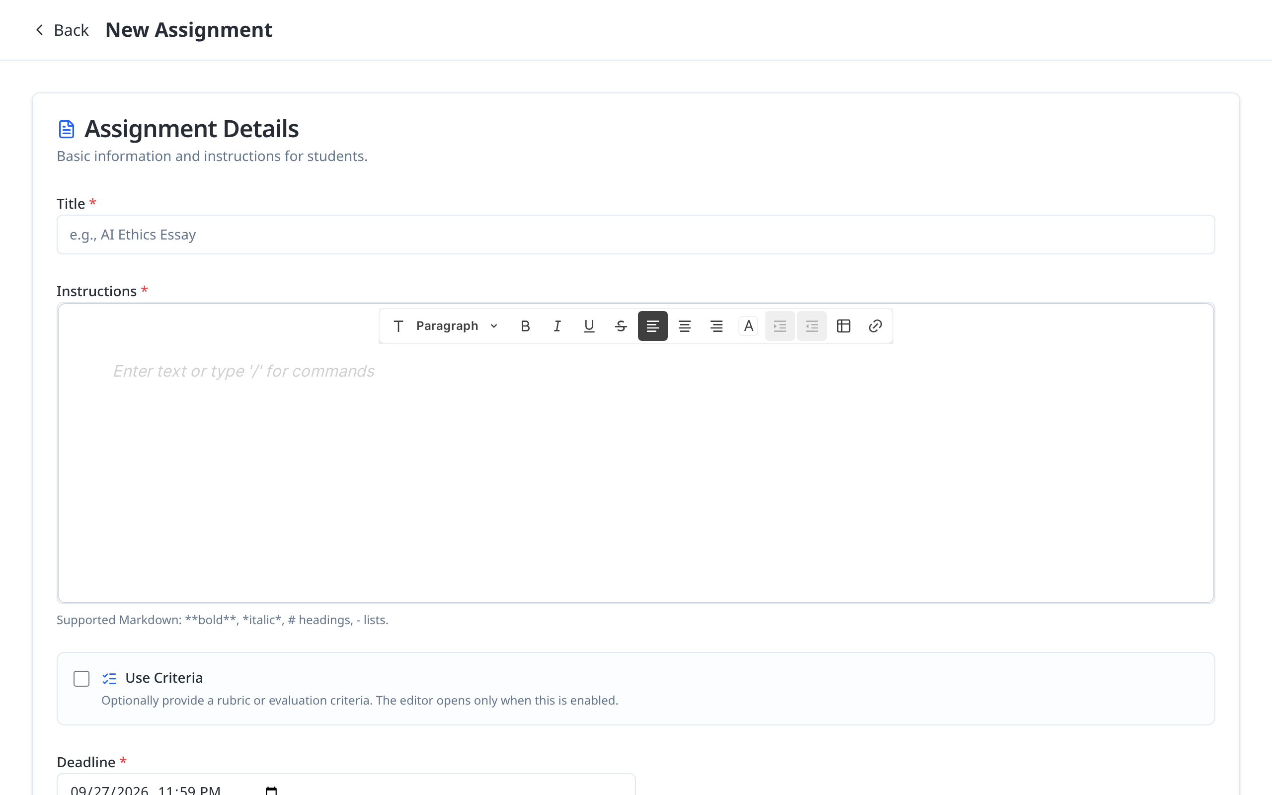The New Assignment form: an Assignment Details card with Title, a rich-text Instructions editor, a Use Rubric checkbox and a prefilled Deadline, above the start of the AI Assistant Settings card.