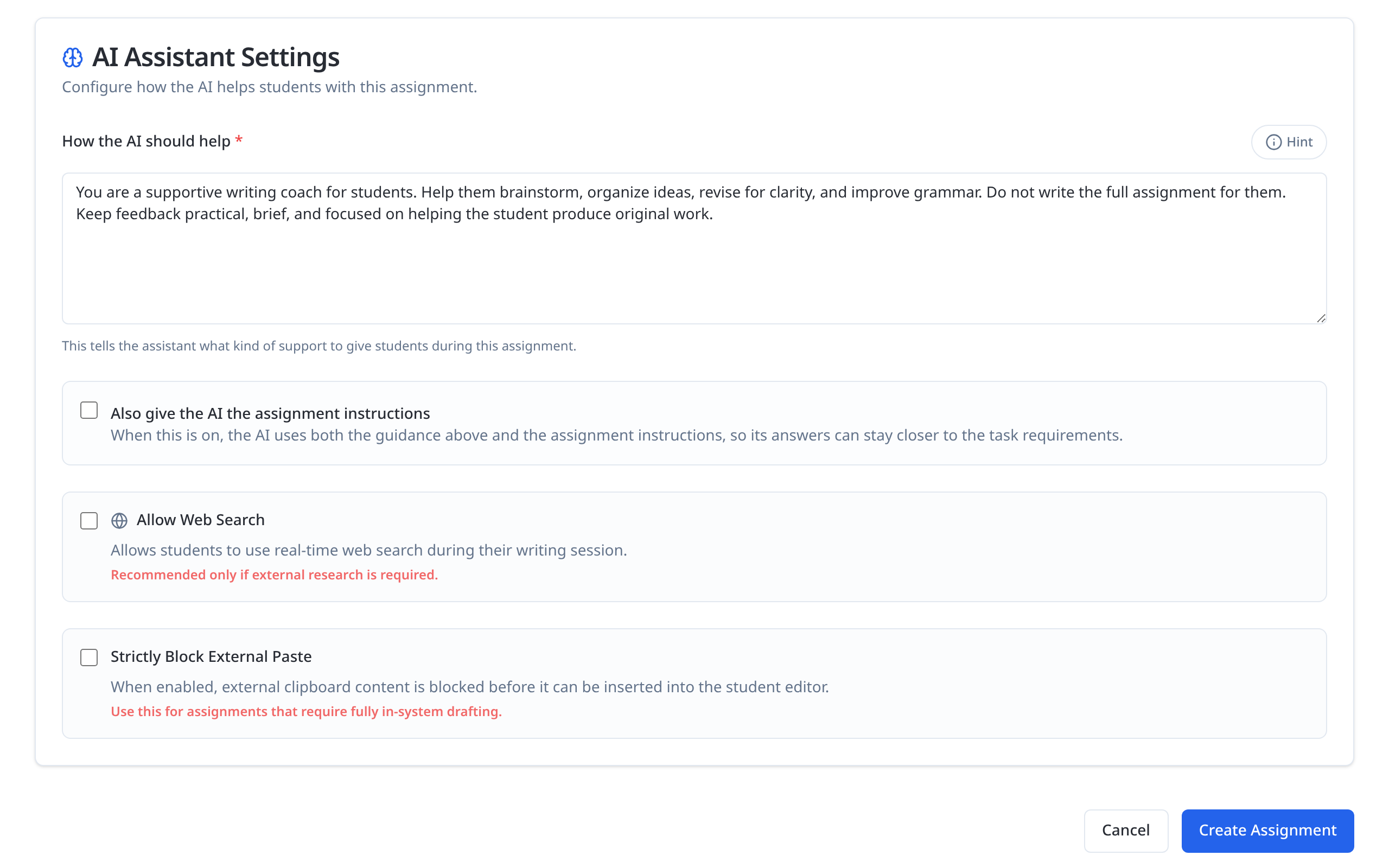 The AI Assistant Settings card on the New Assignment form: the How the AI should help box with a Hint button, above the three checkboxes and their descriptions.