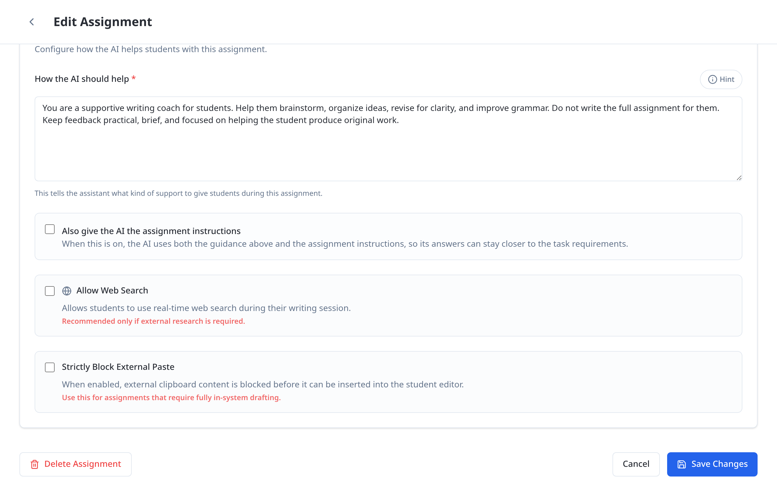 The same AI Assistant Settings card on an existing assignment, with an instruction already written in the How the AI should help box.