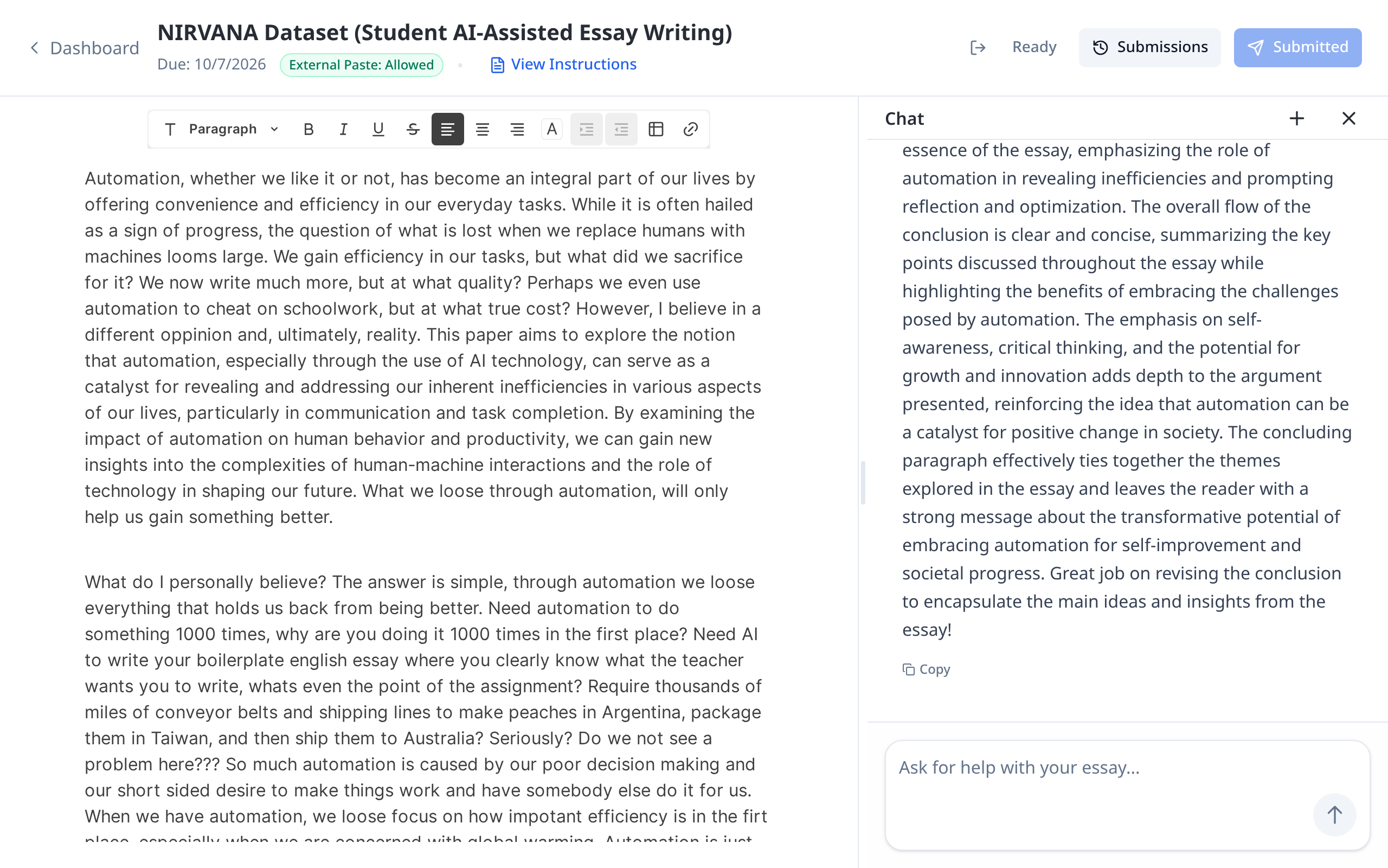 A student at work: the essay editor on the left and the chatbot conversation on the right.