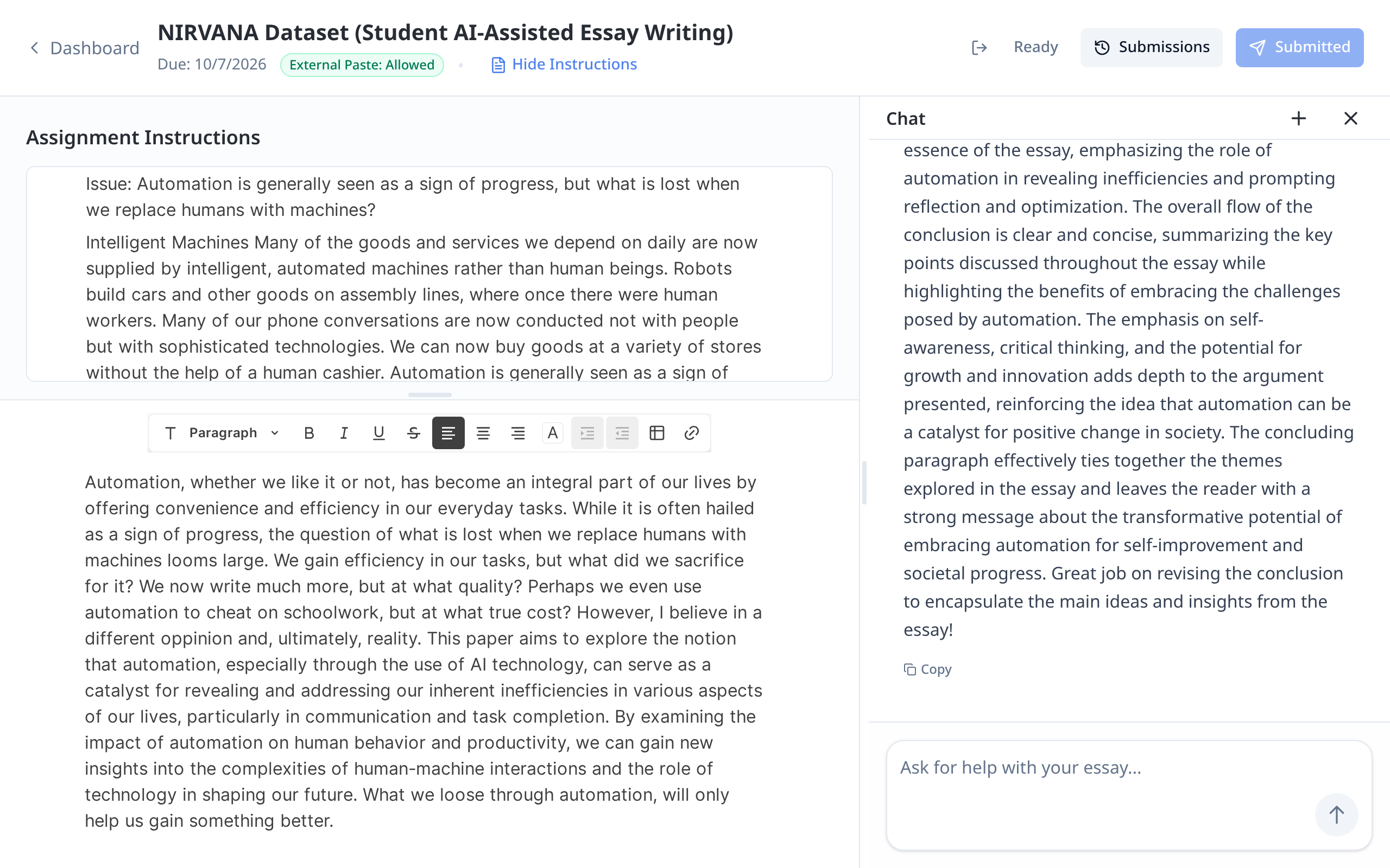 The student editor with the assignment instructions opened above it, and the chatbot alongside.